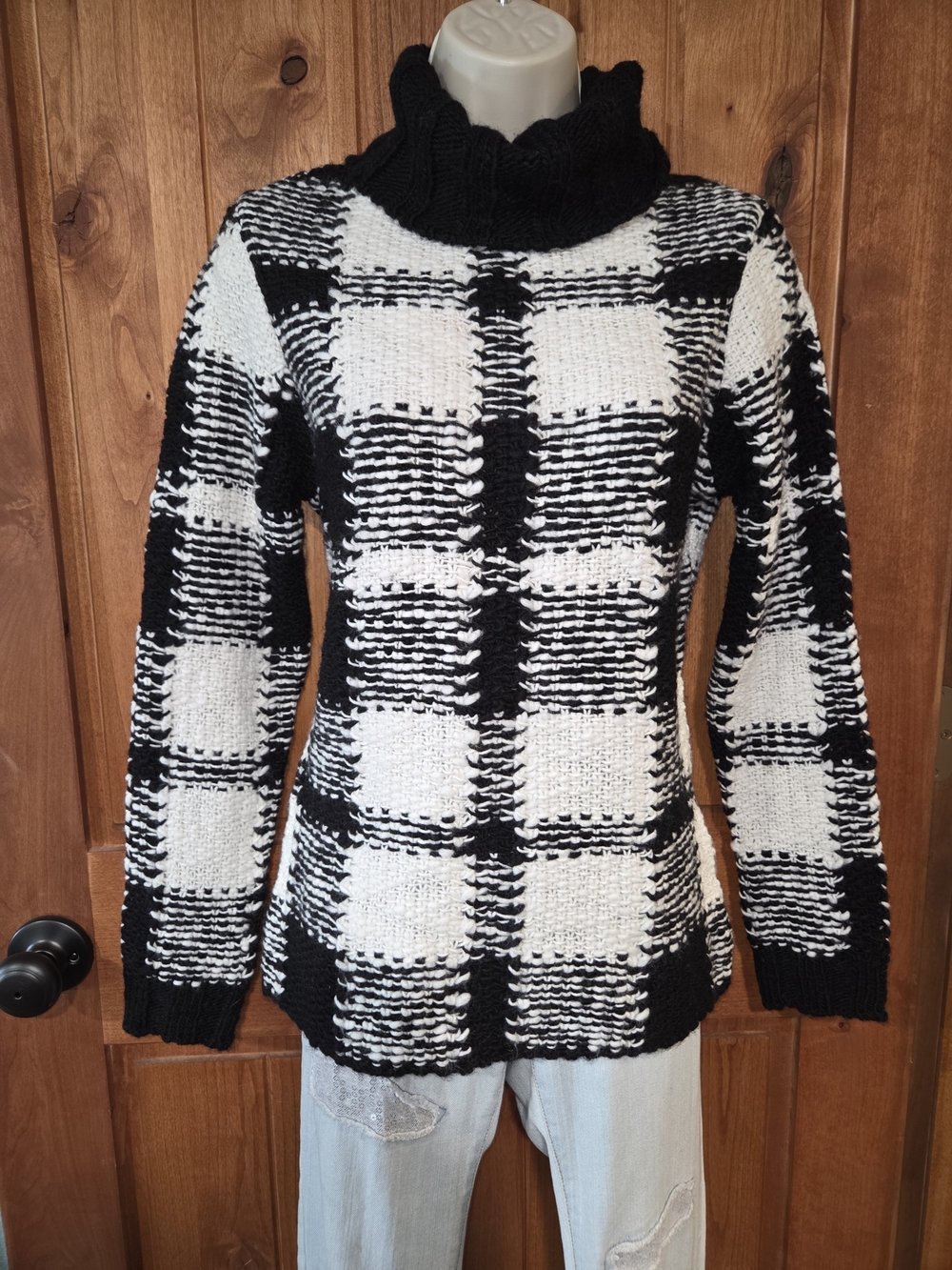 Talbots NWT Black and White Plaid Cowl Neck Sweater